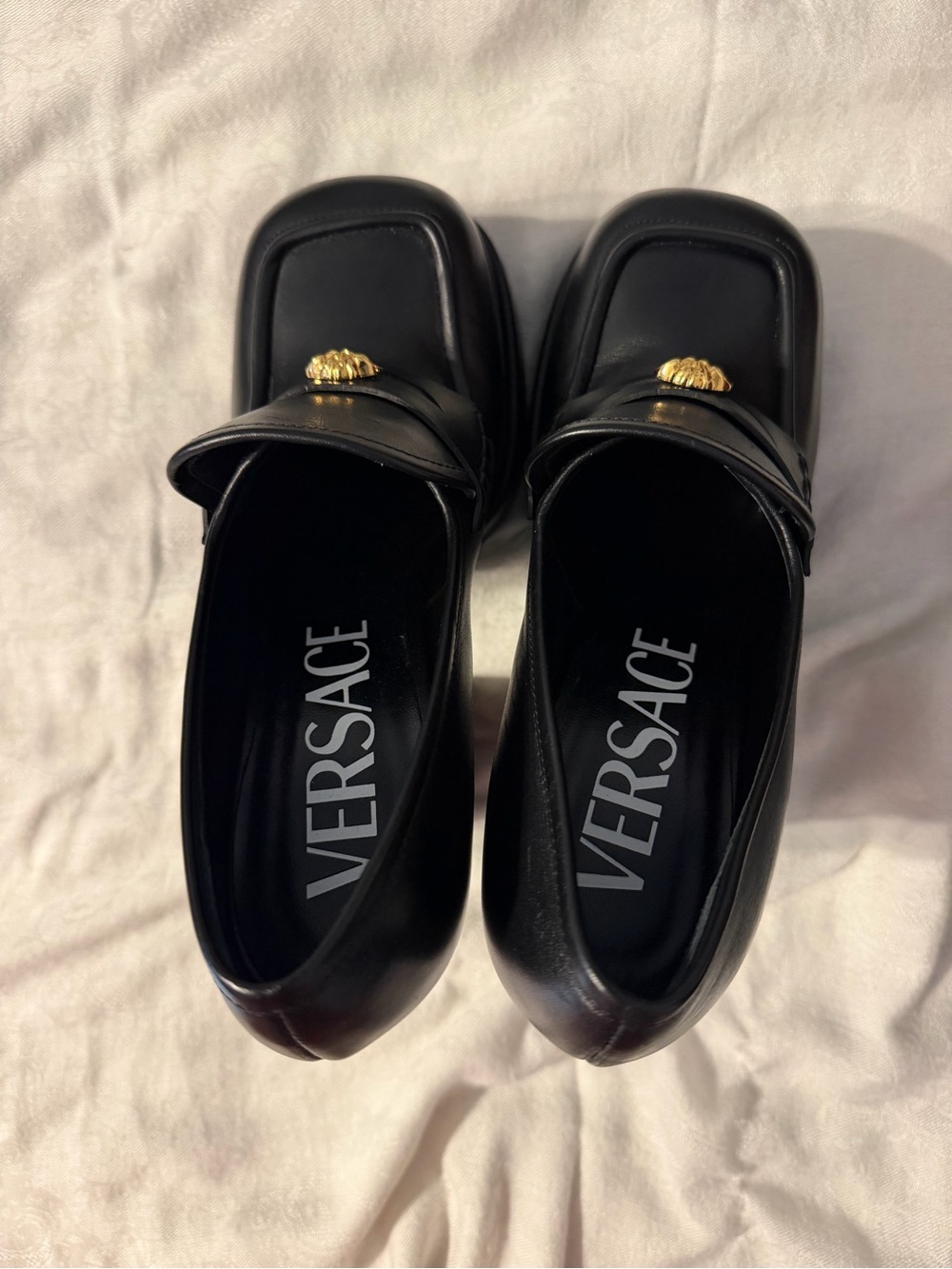 Versace Black Leather Chunky Platform Heels Loafers with Gold Emblem